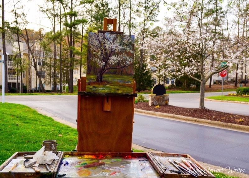 Artist Painting Pear Blossoms in Durham