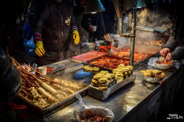 Street food in Nampo-Dong, Busan, showcasing the application of design principles in real-world scenarios